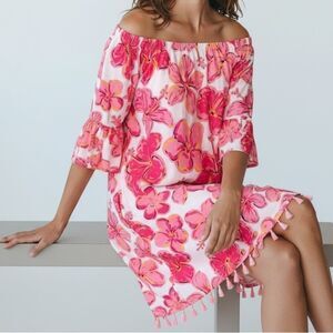 Simply Souther Floral Pink Off Shoulder Bell Sleeve Mini Dress in Size Small